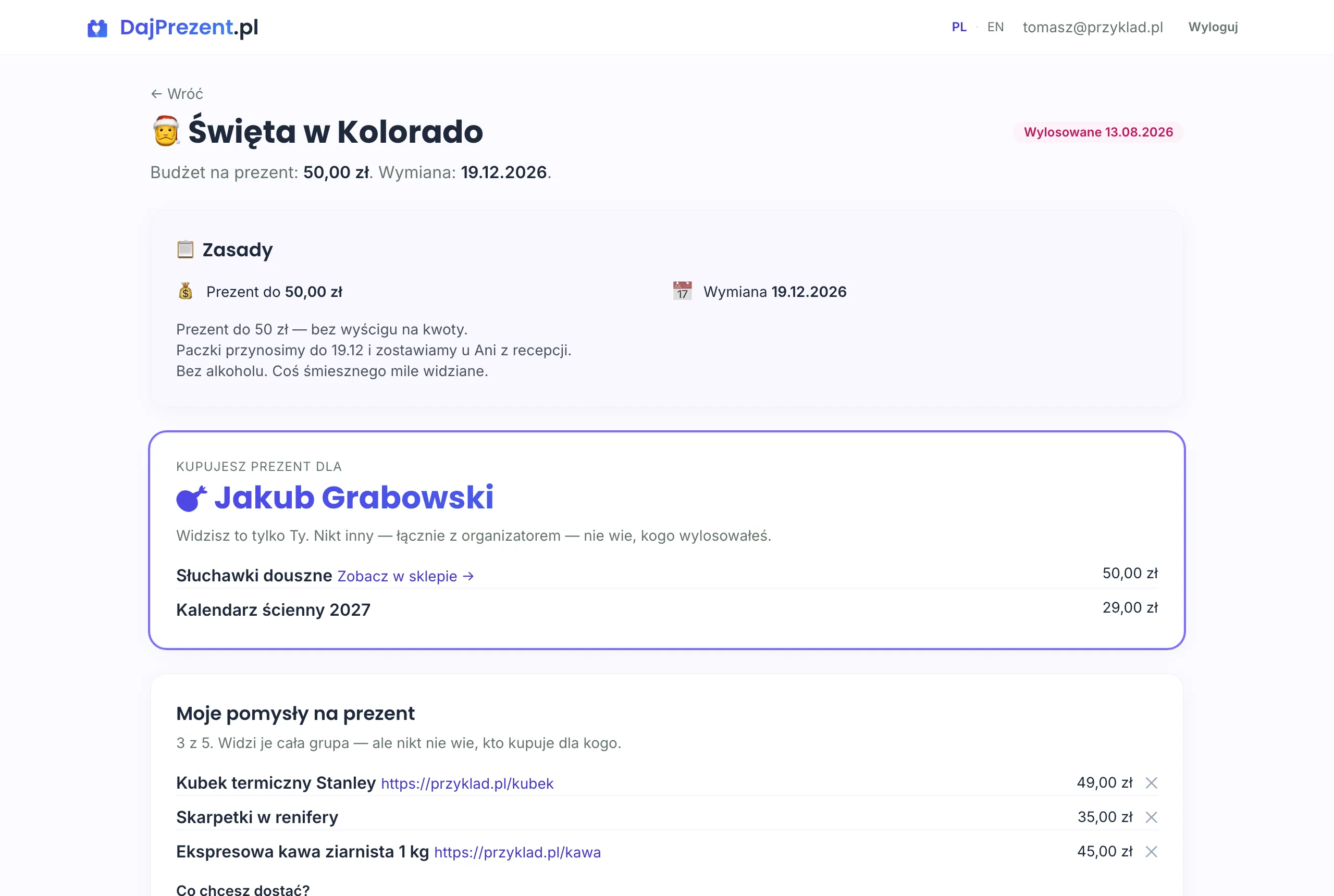 Tak wygląda ekran uczestnika po losowaniu: zasady, wylosowana osoba i jej lista życzeń.